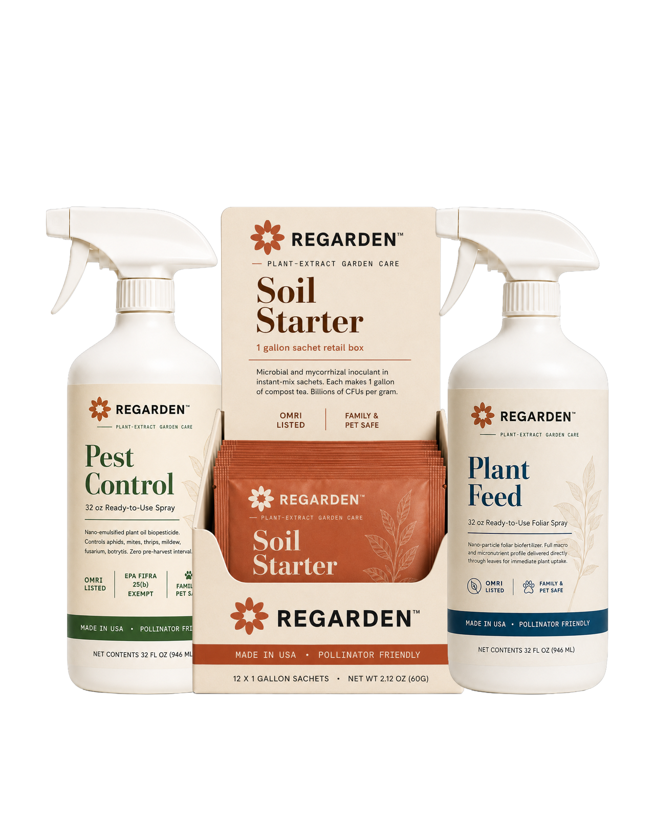 Regarden Pest Control, Soil Starter, and Plant Feed plant-extract garden care product lineup